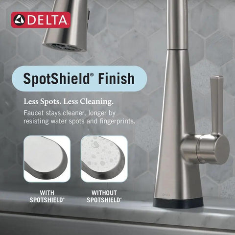 Crisp Brushed Nickel Kitchen Faucet Featuring Heavy Duty Pull Down Sprayer Top Shelf Single Handle Control Hassle Free Four Inch Setup Spot Shield Finish, showcasing SpotShield technology to resist water spots.