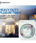 Versatile Indoor 24 Hour Mechanical Timer For Lamps And Appliances With No Fuss Setup And Easy Manual Override Plus Two Daily On Off Settings And A 15 Amp Two Prong Plug In Pack Of Two shown with a house background.