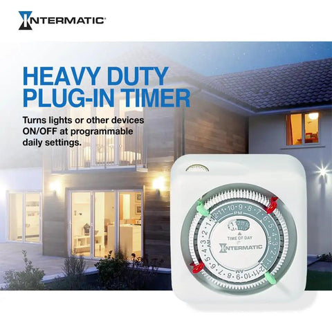 Versatile Indoor 24 Hour Mechanical Timer For Lamps And Appliances With No Fuss Setup And Easy Manual Override Plus Two Daily On Off Settings And A 15 Amp Two Prong Plug In Pack Of Two shown with a house background.