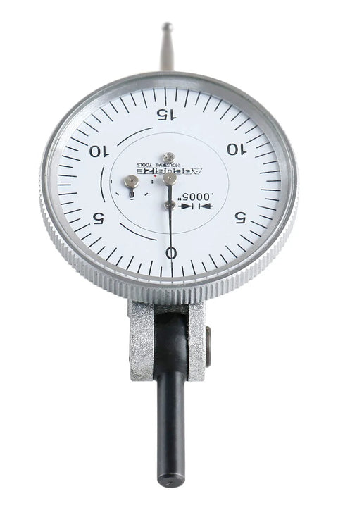 Front view of Accusize horizontal dial test indicator with 1.5-inch dial, knurled bezel, steel stem