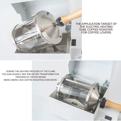 Rock Solid Home Coffee Roaster Featuring Quartz Heating Tube Adjustable Temperature Settings For Fresh Morning Beans Stainless Steel Electric Roasting Machine showing the stainless steel roasting chamber and controls.