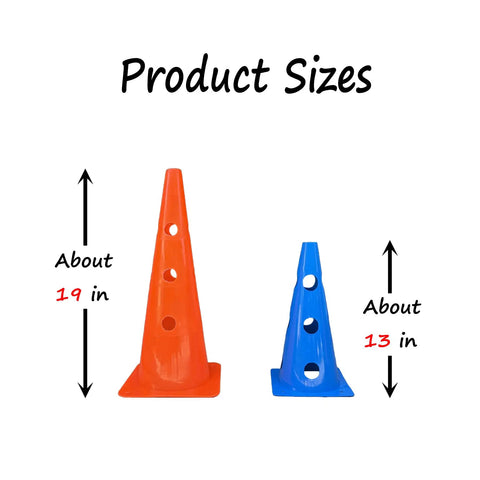 All In One Dog Agility Jump Set with 13in and 19in cones for backyard training, orange and blue cones with size labels