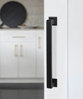 10 Pack Matte Black 5 Inch 128mm Cabinet Handles Zinc Alloy Drawer Pulls installed on white cabinet door in kitchen