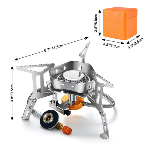 Windproof 3500W Camp Stove Portable Gas Stove with Piezo Ignition and Carry Case shown with dimensions