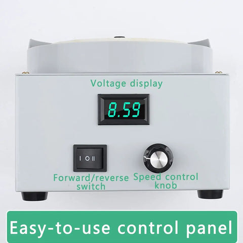 Control panel of Rock Solid Adjustable Wet And Dry Bench Grinder featuring voltage display and speed control for metal and jade knife sharpening.