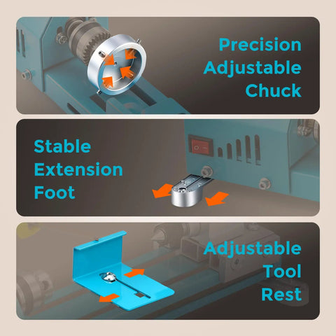 Bonvoisin Mini Lathe Machine With 7-Speed Benchtop Wood Turning Capabilities For Diy Projects showing adjustable chuck, extension foot, and tool rest.