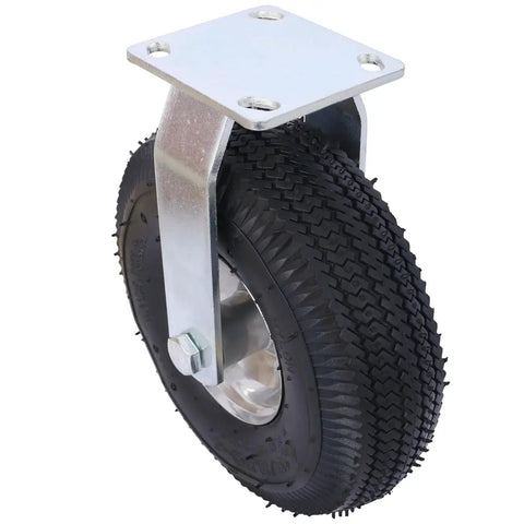 Pair Of Heavy Duty 10 Inch Pneumatic Caster Wheels Featuring Smooth Rolling Ribbed Tires And Ball Bearing Steel Hubs Built Tough For Every Jobsite Load mounted on a metal bracket.