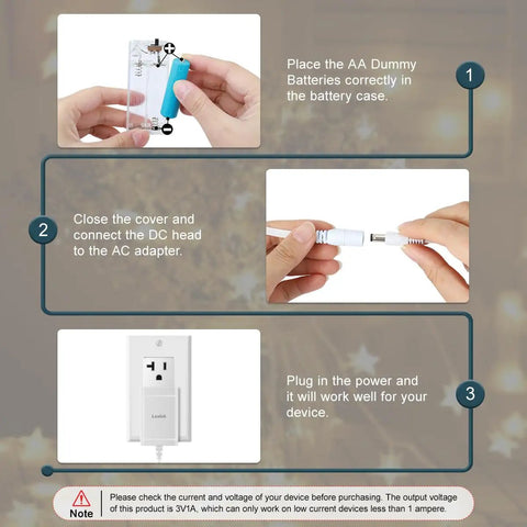 Step-by-step instructions using AC Power Adapter For Two AA Batteries To Run LED Lights And Decor White 1.8m Cable Wall Power Solution