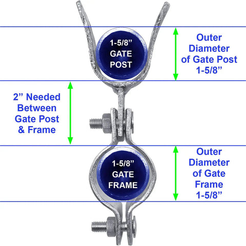 Heavy Duty Galvanized Chain Link Gate Fork Latch With Solid Padlock Hole For Secure Yard Setup Fits 1 5/8 By 1 7/8 Inch Fence Posts showing gate post and frame measurements.