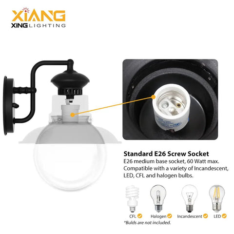 Detail of Vintage Outdoor Wall Light 2-Pack, Retro Matte Black Porch Sconce showing E26 socket and bulb compatibility.