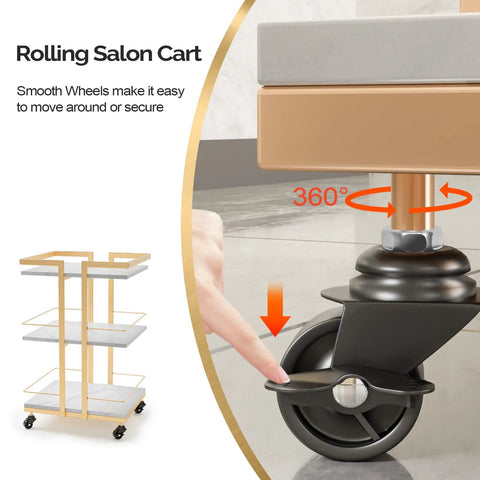 Close-up of Wheeled Beauty Salon Cart on Gold Finish showing 360-degree rotating wheels and adjustable shelves for mobile spa use.