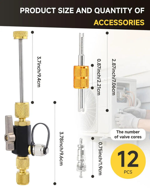 All-In-One 1/4 And 5/16 Inch Dual Valve Core Removal Tool Kit With Mega Flow 20 Micron Vacuum Rated Core Remover dimensions shown