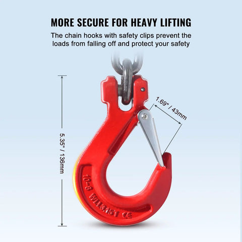 Beefy Heavy Duty Chain Sling 3/8 Inch by 10 Foot Lifting Chain with Hooks for Engine Hoists, Built to Handle 18,400 Lbs (8 Tons), G80 Steel, 4 Leg Grab Hooks and Easy Adjusters safety hook detail