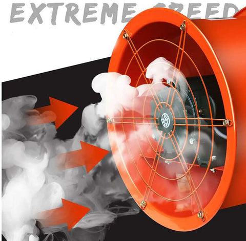 Close-up of 12 Inch Explosion Proof Axial Fan Industrial Portable Ventilator 150W Low Noise Blower with smoke flow demonstration