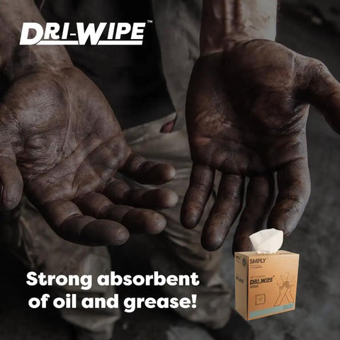 Dirty hands with box of All-Purpose Disposable Wipes 176-Count for Heavy-Duty Cleaning, strong alternative to shop towels.