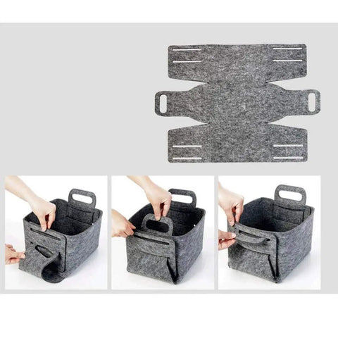 Hassle Free Big Time Foldable Cotton Storage Basket With Smooth Braided Handles Easy Slide Shelf Cube Tote For Closet Organization Car Trunks And Weekend Getaways in grey fabric, being set up.
