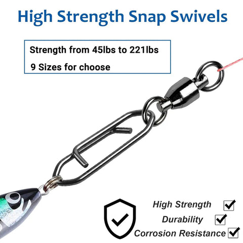 Beefy Heavy Duty Snap Swivels Set With Stainless Rolling Bearings For Freshwater Fishing Stainless Steel Clips In Black Nickel Finish 25 Pack 45 Pound Test High Strength, 45lb, 9 sizes