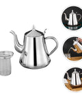 Premium Stainless Steel Long Spout Pour Over Kettle with Cool Touch Grip and Tight Sealed Lid next to a mesh filter.