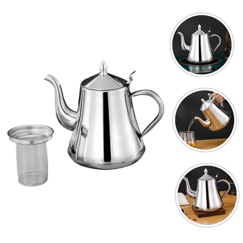 Premium Stainless Steel Long Spout Pour Over Kettle with Cool Touch Grip and Tight Sealed Lid next to a mesh filter.