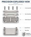 Precision exploded view of Heavy Duty 304 Stainless Steel Clutch Pedal Extender parts showing clamps and support plates.