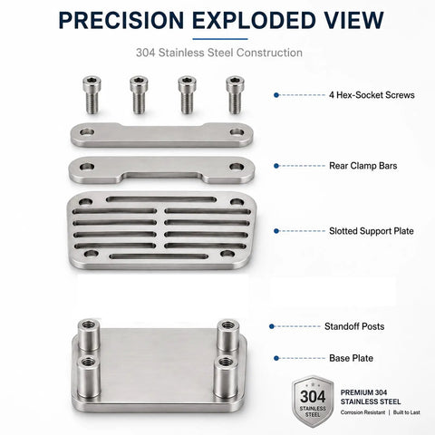 Precision exploded view of Heavy Duty 304 Stainless Steel Clutch Pedal Extender parts showing clamps and support plates.