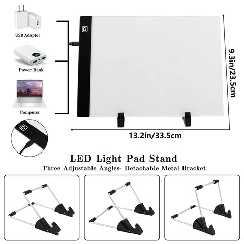 Diamond Painting Light Pad Kit A4 With LED Tracing Box and 5D Tool Set, features adjustable LED pad stand angles and USB adapter shown.