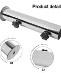 Heavy Duty Umbrella Stand With Granite Base Built Tough And Windproof Stainless Steel Tube Mount For Outdoor Sunshade And DIY Garden Adjustable PVC Sleeves Fit Most Poles, showing stainless steel tube details with knobs and base view.