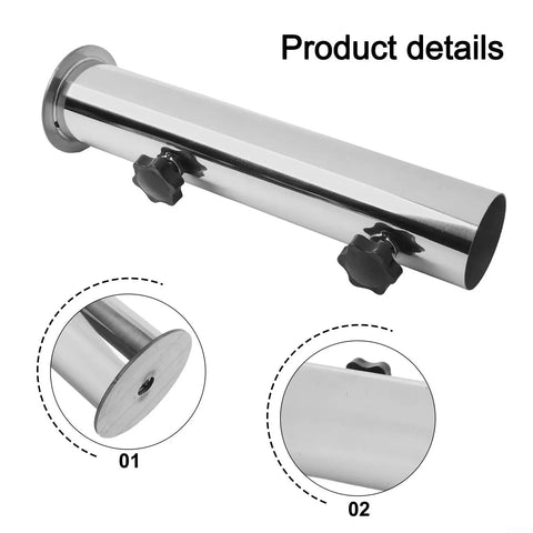 Heavy Duty Umbrella Stand With Granite Base Built Tough And Windproof Stainless Steel Tube Mount For Outdoor Sunshade And DIY Garden Adjustable PVC Sleeves Fit Most Poles, showing stainless steel tube details with knobs and base view.