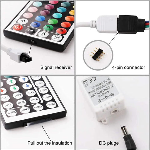 44 Keys IR Remote Controller Kit With Wireless Rectifier Control Box And 12V 3A Power Supply For RGB LED Strip Lights SMD 5050 3528 2835 4 Pin RGBW Easy Install And Replacement Controller Plug And Play Ready