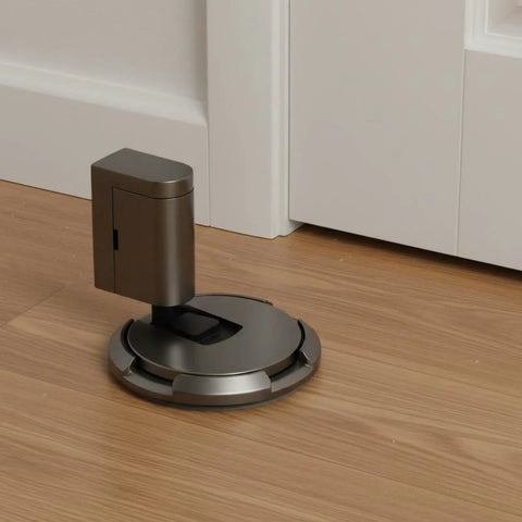 Solid Zinc Alloy Door Stopper With Suction Holder For Floor And Walls Holds Tight Against Wind To Keep Bedroom Office Quiet And Safe From Slams on wooden floor.