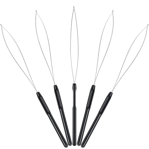 10 Piece Hair Extension Loop Needle Threader Kit With Pulling Hook Tool And Bead Device For Easy Feather And Hair Extensions, Black For Salon And DIY Use, Anti Slip Handle And Durable Metal Needle, Quick Bead Threading. five black metal loop needles