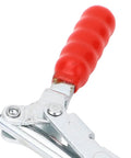 Close-up of Double Head Push Pull Clamp With 39mm Stroke And 136kg Force handle, featuring a textured red rubber grip for comfort.