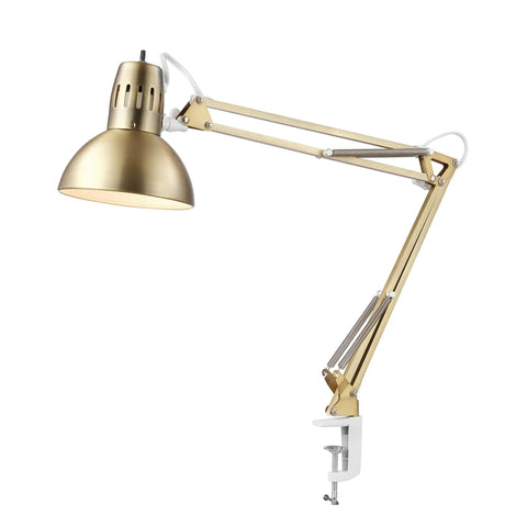 Gold Clamp-On Swing Arm Desk Lamp with Nickel Accents and 31.5 Inch Reach for Home Office Decor, LED Bulb Compatible