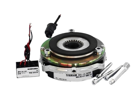 Heavy Duty Electromagnetic Brake Assembly Featuring Boss Level Dc Solenoid Release And Rock Solid Torque Management For Industrial Motors And Precision Automation Drive Trains, with wiring and accessories.