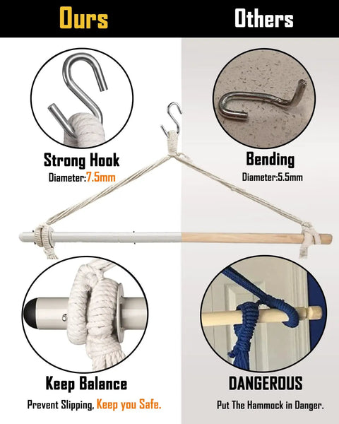 Strong hook and balance features of Ultra Large Hammock Chair Swing With Two Cushions Supports Up To 500 Pounds