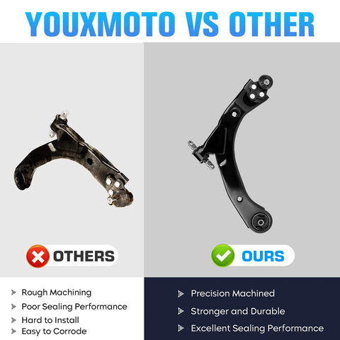 Comparison of Chevrolet Cobalt HHR Front Lower Control Arms Kit With Ball Joints Direct Bolt On Replacement showing black arm on right.