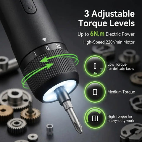 Slick Cordless Electric Screwdriver Kit With 21 Magnetic Bits And 2000mAh Rechargeable Battery Featuring Adjustable Torque high-speed motor and LED light showing adjustable torque settings.