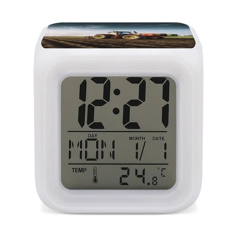Tractor Farm Alarm Clock With LED Display And 7 Color Night Light For Bedroom Digital Sleep Training Clock, front view.