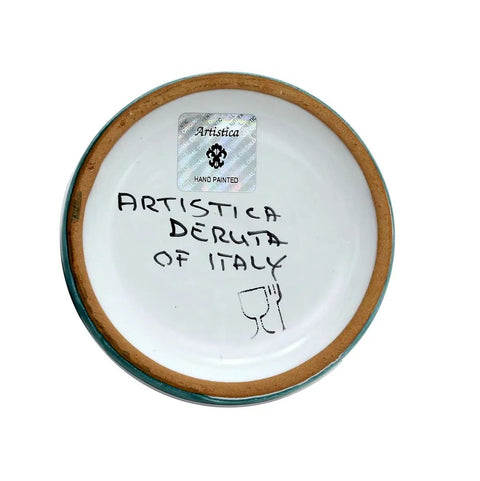Bottom view of handcrafted Italian ceramic coffee storage canister featuring the classic Orvieto blue rooster pattern.