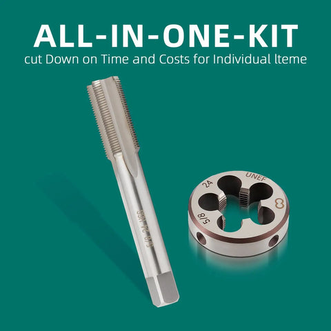 Heavy Duty HSS 5/8-24 UNEF Right Hand Thread Tap And Die Set For Metalworking, shown with tap and die components on green background