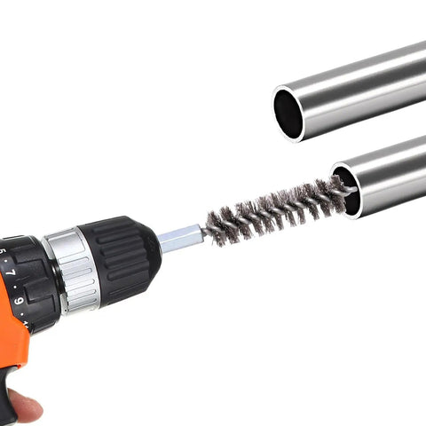 Stainless Steel Bore Brush Set Two Pack With Three Quarter Inch Hex Shank Twisted Round Wire Brushes For Power Drill Rust Tubes Cleaner Debris Removal And Buildup in action cleaning metal tubes.