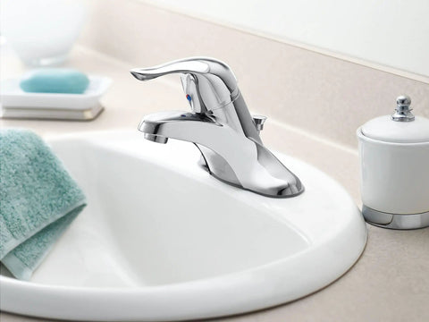 Chateau 4 Inch Centerset Bathroom Faucet With Single Lever Handle Low Arc Chrome Finish Without Drain Assembly on sink