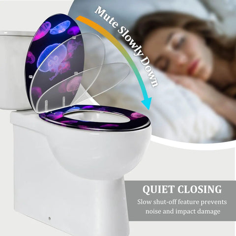 Elongated Toilet Seat Resin Quiet Close for Bathroom with jellyfish design, featuring quiet closing mechanism and adjustable hinges.