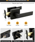 Square Black Interior Door Handle Set No Lock Passage Lever for Left or Right Handed Doors, Heavy Duty Matte Black