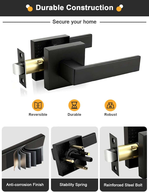 Square Black Interior Door Handle Set No Lock Passage Lever for Left or Right Handed Doors, Heavy Duty Matte Black