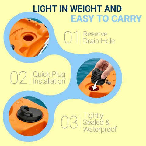 Diagram showing installation of Large 8 Pack Kayak Scupper Plugs Kit with silicone handle, waterproof and leakproof in orange kayak.