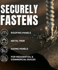 Self Tapping Roofing Fastener With EPDM Sealing Washer Size Ten Wood Screw One And A Half Inch Length Quarter Inch Hex Head Burnished Slate Finish Superior Corrosion Protection Painted Carbon Steel Screws Pack Of Two Hundred Fifty shown in use securing roofing panel for various projects.