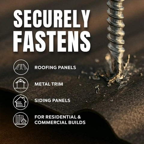 Self Tapping Roofing Fastener With EPDM Sealing Washer Size Ten Wood Screw One And A Half Inch Length Quarter Inch Hex Head Burnished Slate Finish Superior Corrosion Protection Painted Carbon Steel Screws Pack Of Two Hundred Fifty shown in use securing roofing panel for various projects.