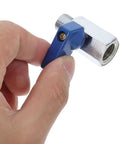 Hand holding a 1/4 inch brass mini ball valve with blue handle, showcasing tight female to male NPT threaded ends.