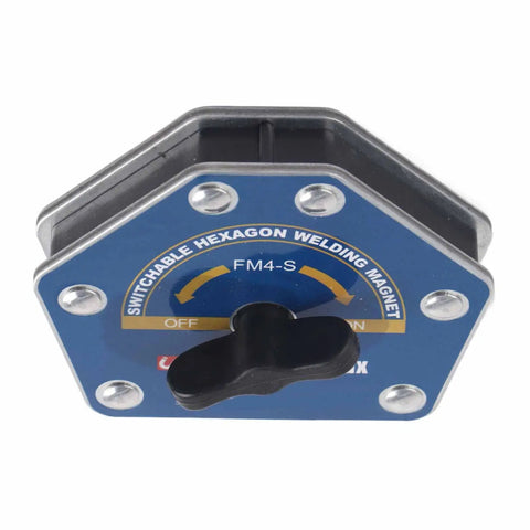 Solid One Button Degaussing Magnetic Welding Locator For Steel And Iron Pipe With 25 Kilos Suction Power Super Strong Multi Angle Positioning Fixture Tool For Heavy Duty Welding Projects, hexagon shape with a knob.